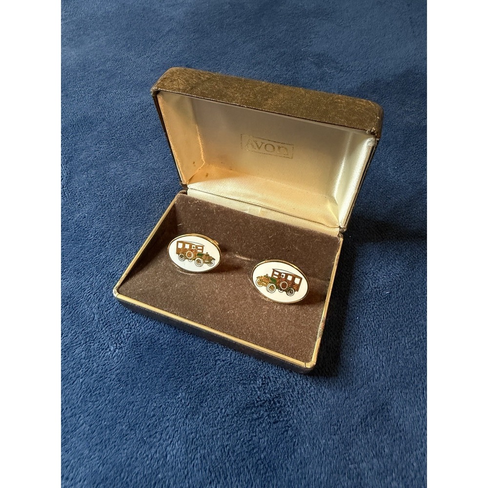 Vintage Avon Gold Tone Cufflinks Antique Car Motif with Original Case Mens
